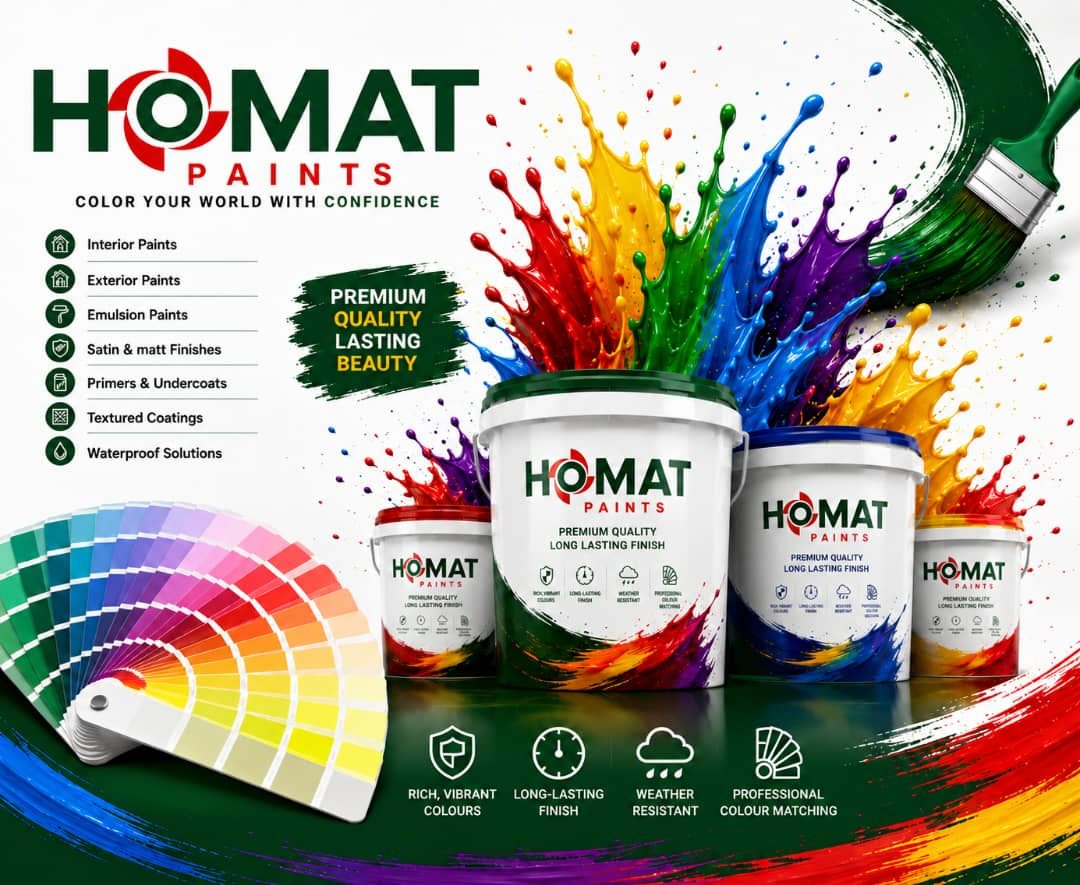 The Homat Paints range: interior, exterior, emulsion, satin and matt finishes, primers, textured coatings and waterproof solutions