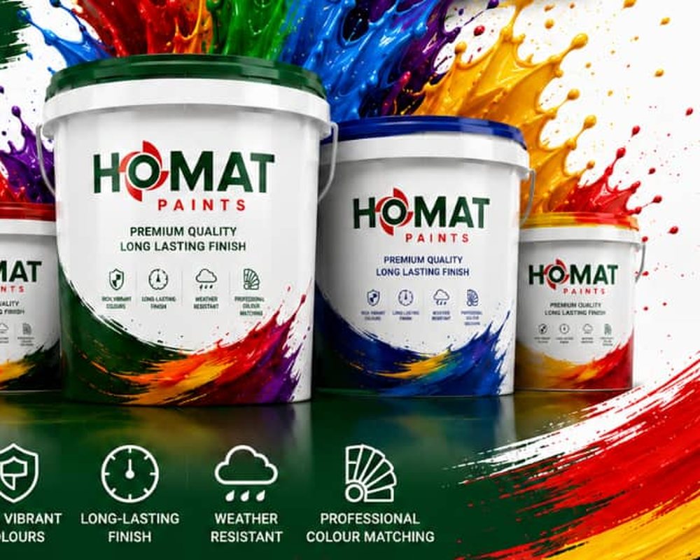 Homat Paints tins — premium quality, long lasting finish